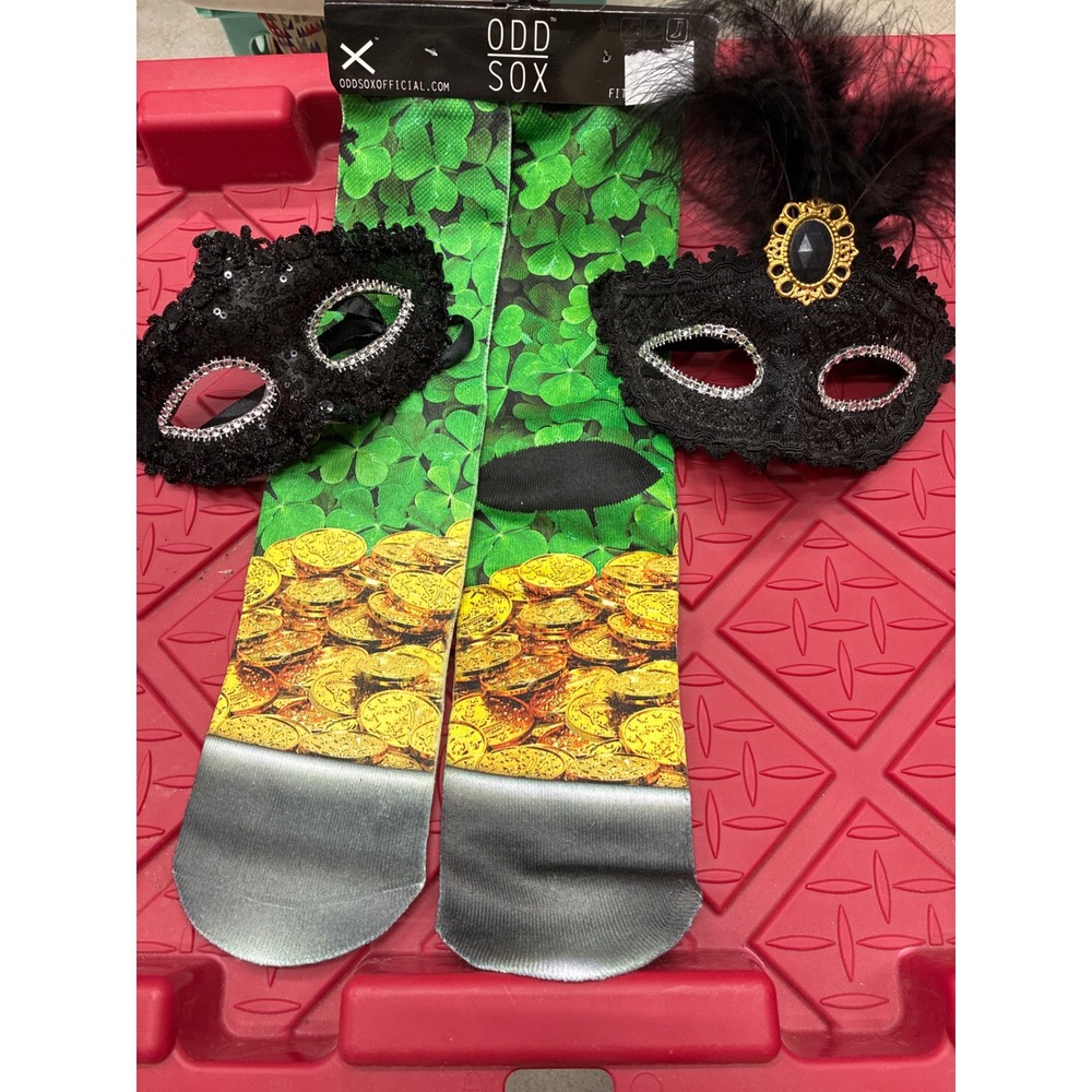 Odd Sox St Patricks Day Shamrock Gold Socks & 2 Black Masquerade Masks Bundle